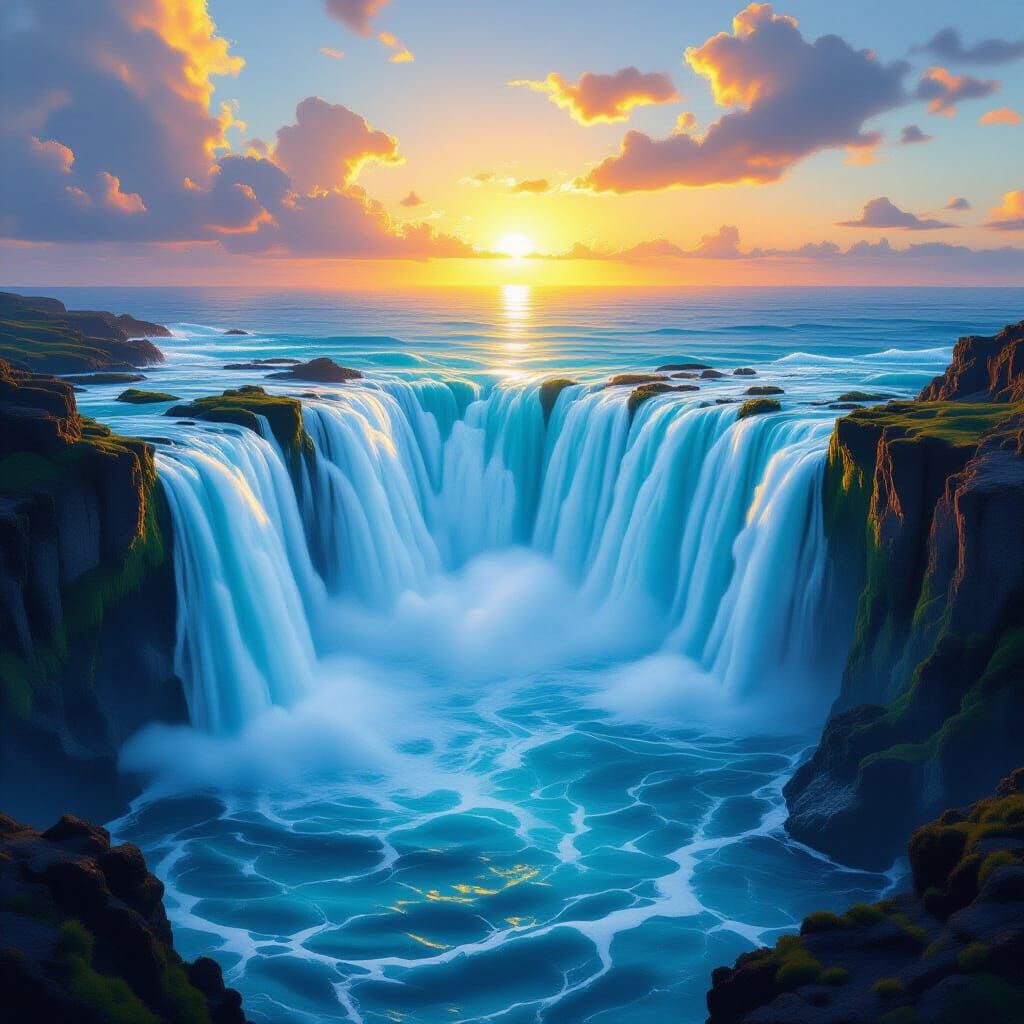 Ocean Waterfall in Golden Hour Light