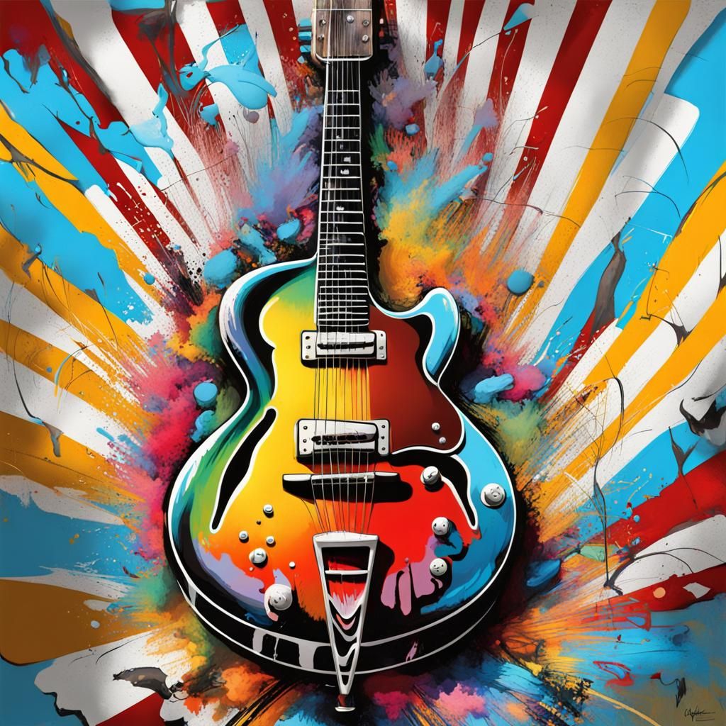 Elaborate 50s Guitar in Graffiti Splash Art Style