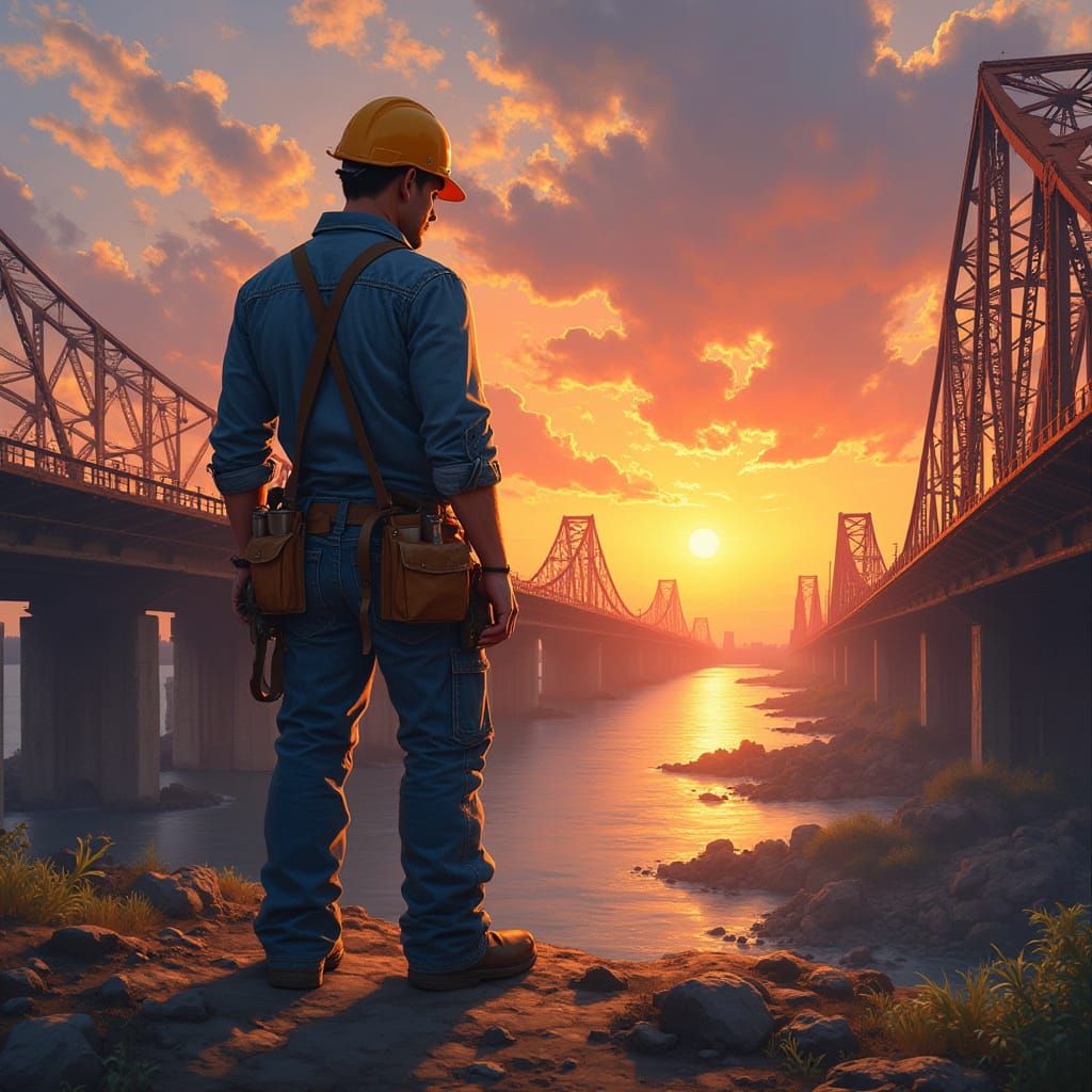 Worker Rebuilds Bridge at Sunrise: Cinematic Style