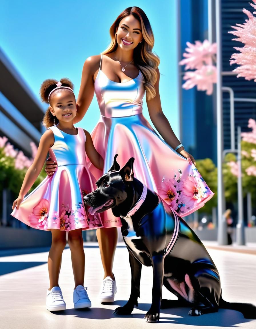 Mother and Daughter in Shiny Floral Dresses