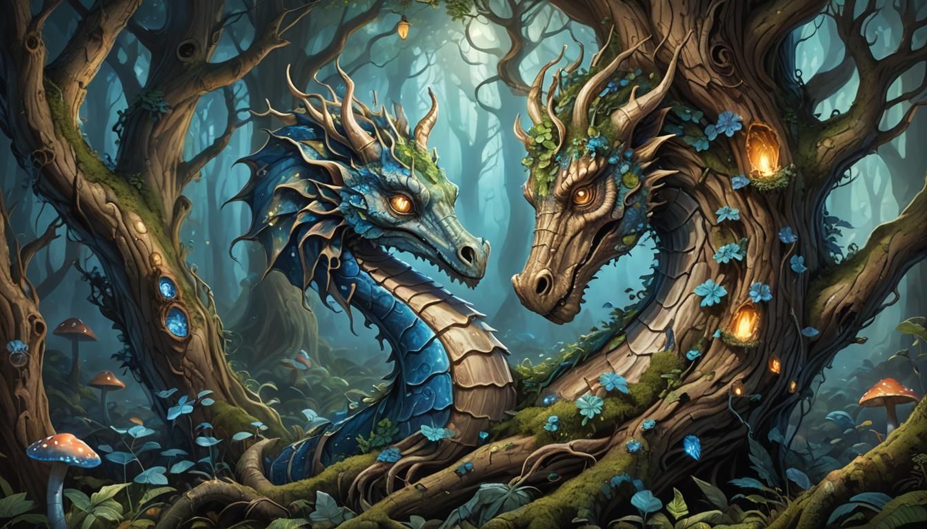 Dragon-Seahorse Tree in Enchanted Forest, Digital Art