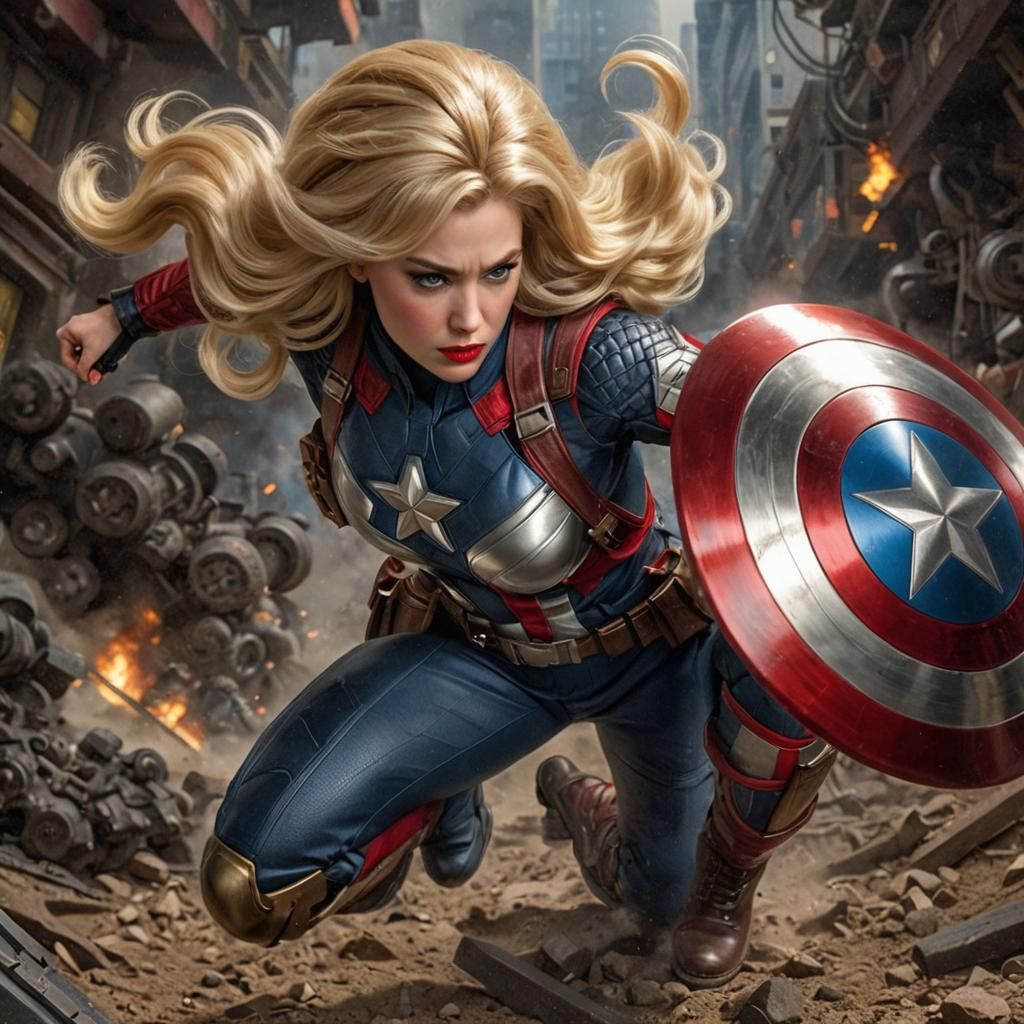 23 year old female dressed in Captain America uniform, long 1960’s blonde hair, shield in left hand, black eyeshadow, re...