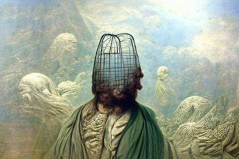 Man with Birdcage Head in Engraving Style