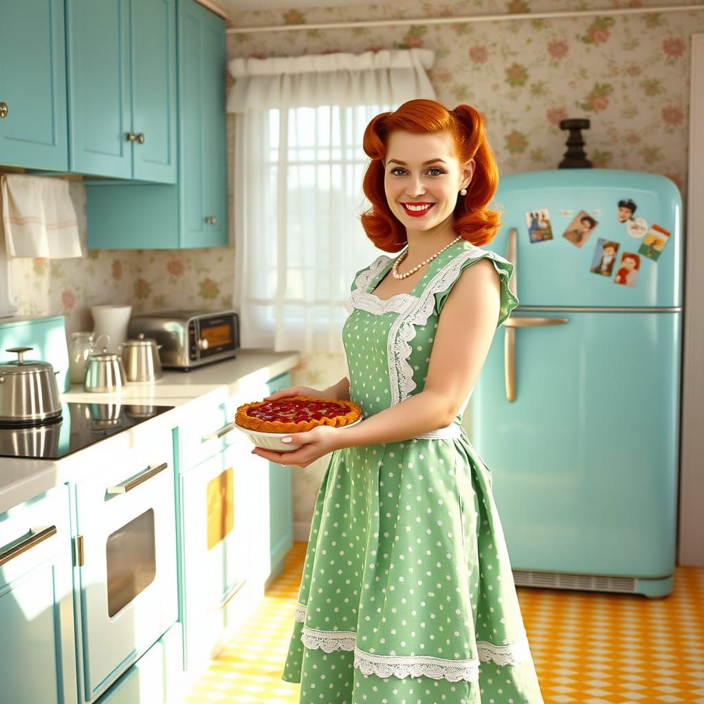 1950s Housewife Baking Cherry Pie in Kitchen