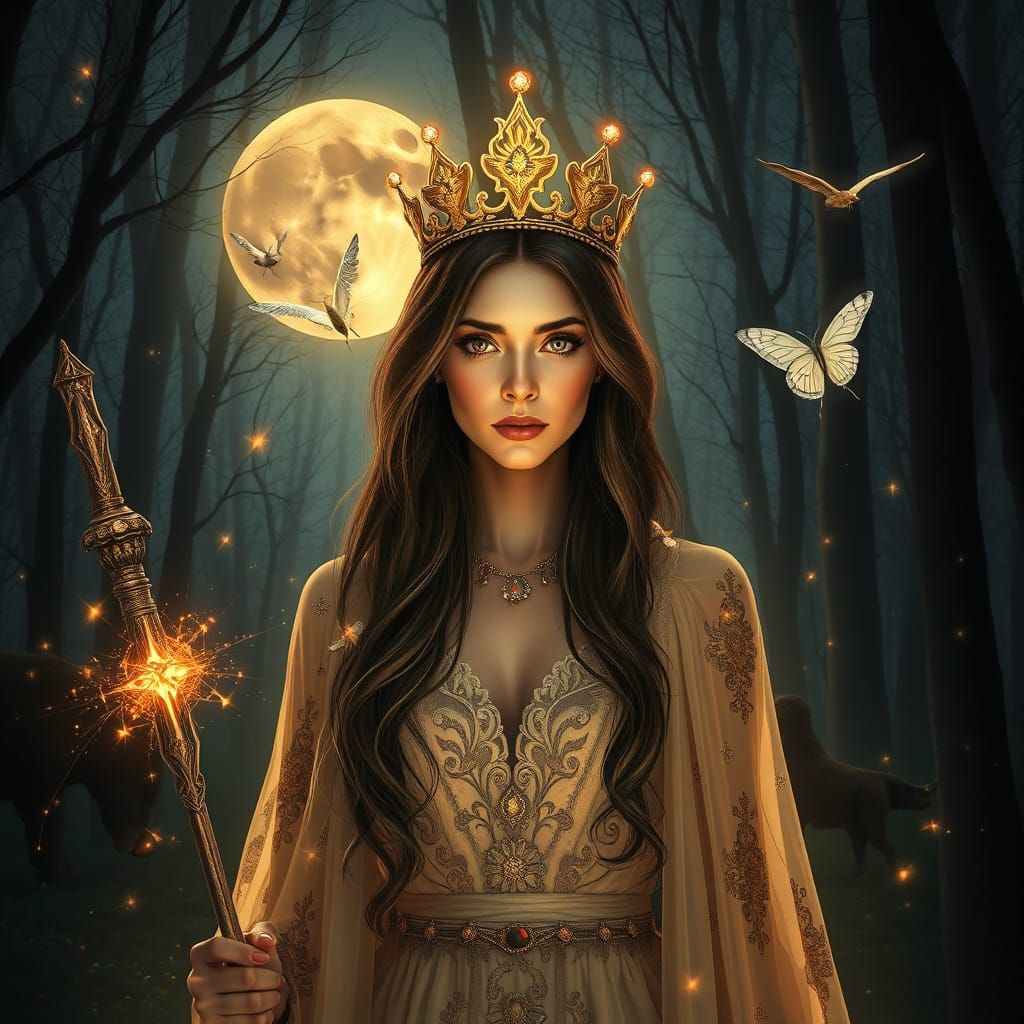 Mysterious Midnight Forest with Elegant Star-Dusted Woman