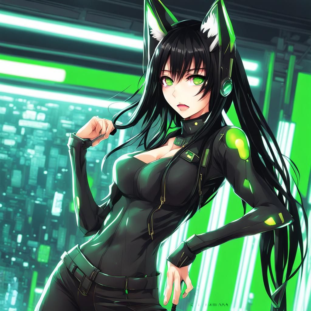 Cyberpunk Anime Fox Girl with Long Black Hair