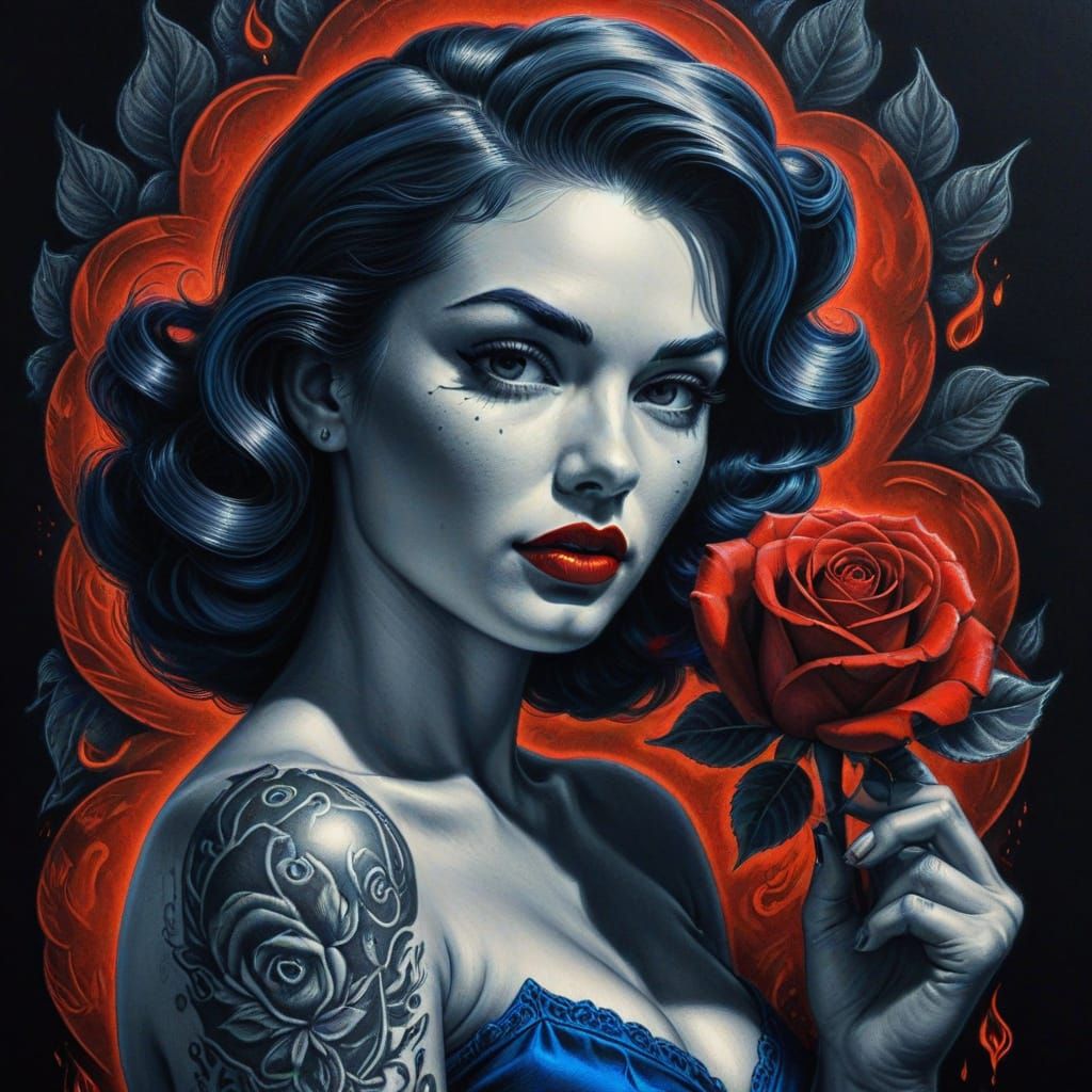 Americana Pin-Up Girl with Rose and Flames in Charcoal