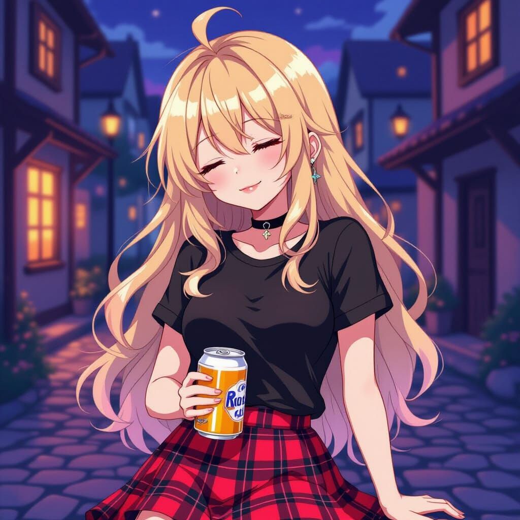 Anime Girl Sleeping in Violet Village Street