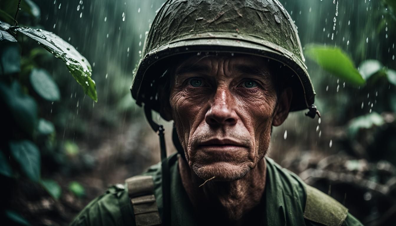 Vietnam War Soldier Portrait in Rainy Jungle