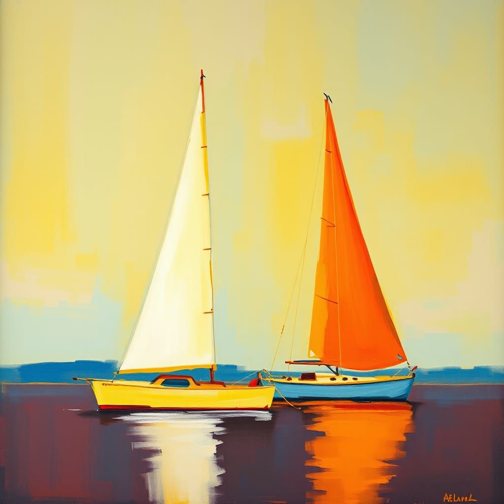 Sailboats in Abstract Minimalism with Neon Accents