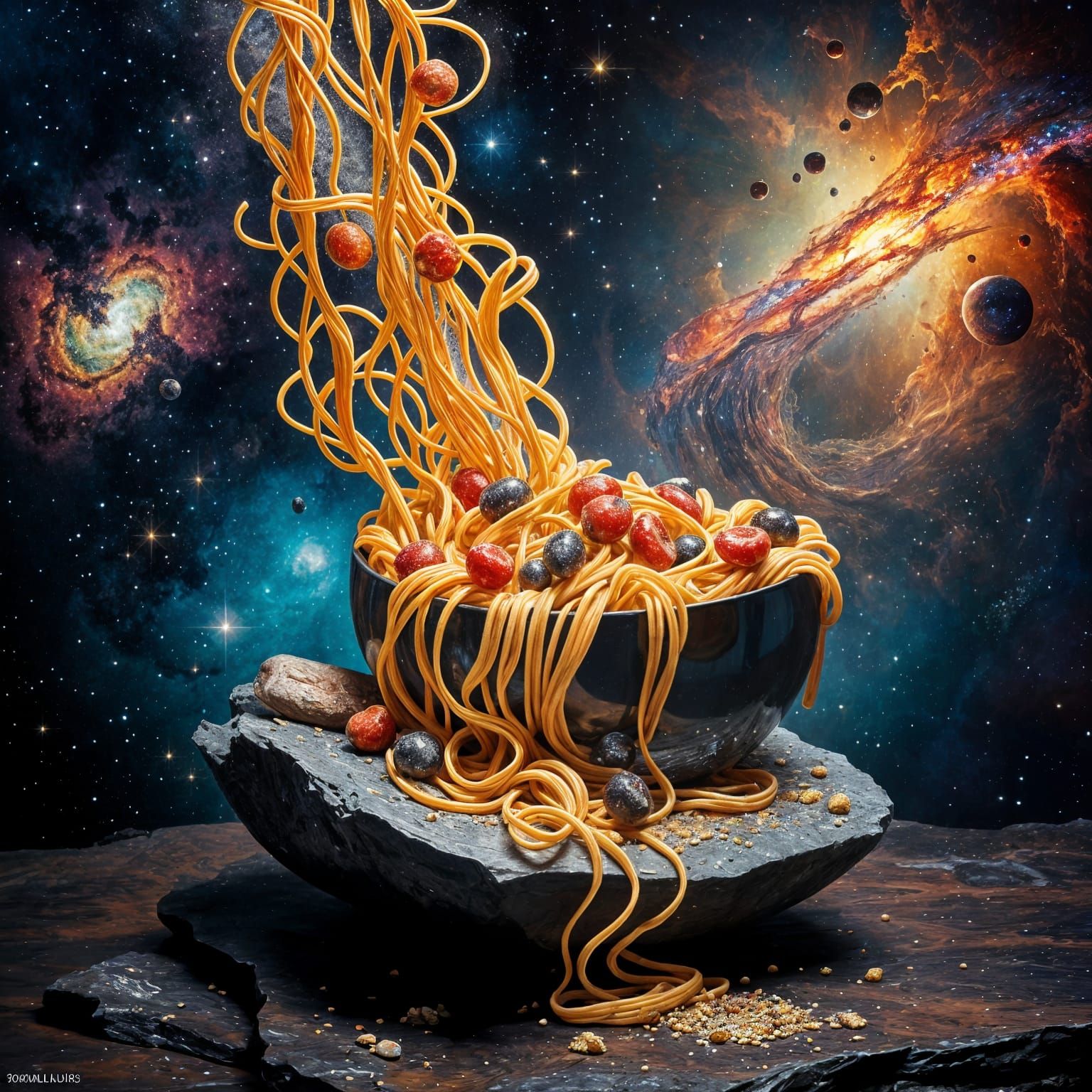 Cosmic Pasta Cascade with Edible Nebulae in Surrealist Style