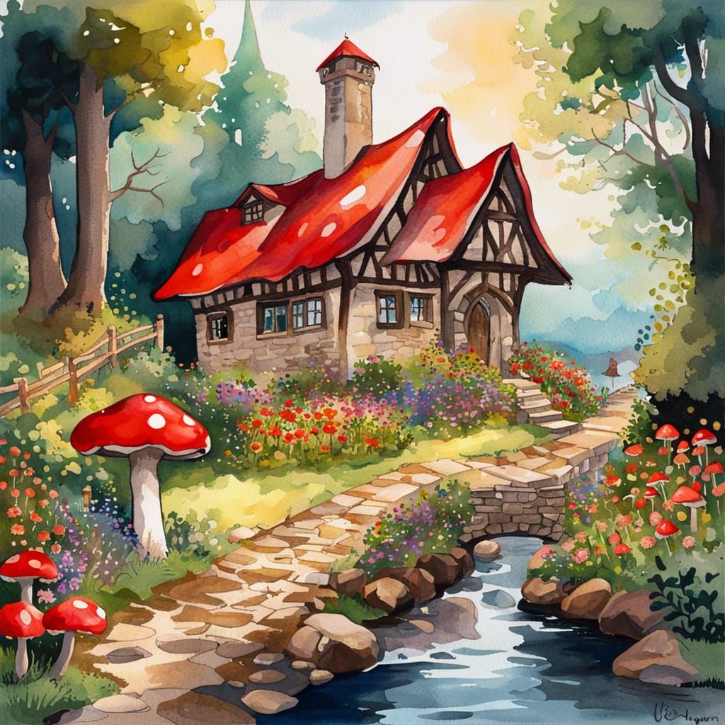 Gothic Fairytale Cottage Garden in Watercolor