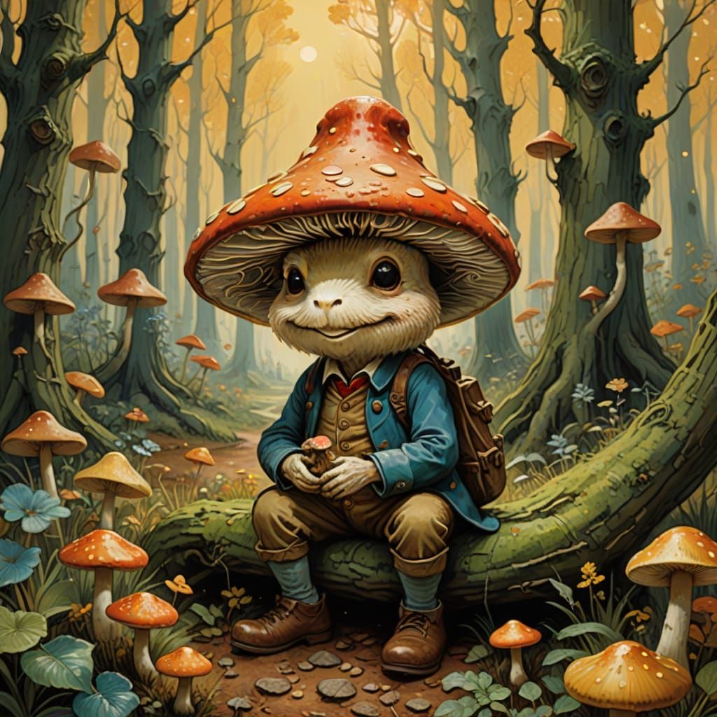 magic mushroom with a hat, a face, arms and legs