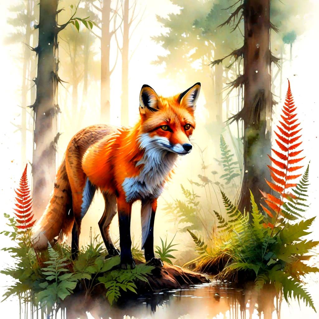 Red Fox Emerges in Dew-Kissed Woodland at Dawn