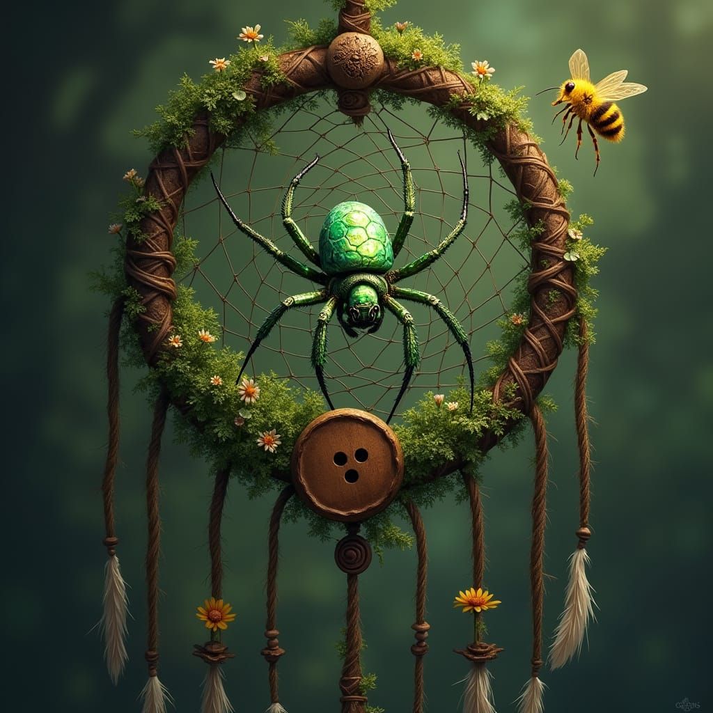 Nature Dream Catcher with Abalone Spider and Bee
