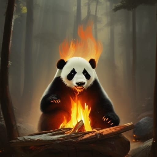 Panda Pondering Existence by Campfire, Dark Fantasy Art