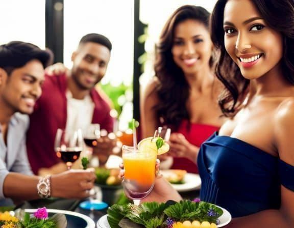 Latina Woman and Friends at Beachfront Bar