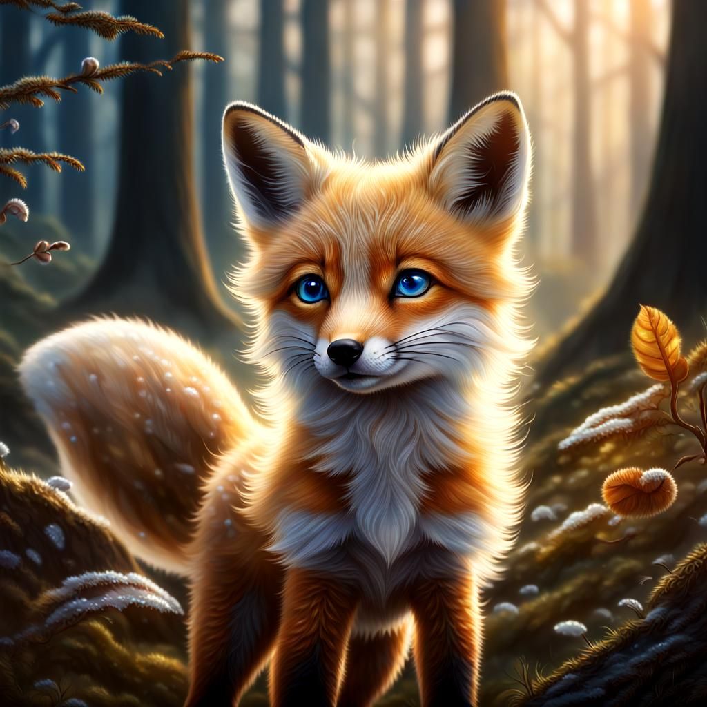 Baby Fox with Acorn in Misty Forest Glade