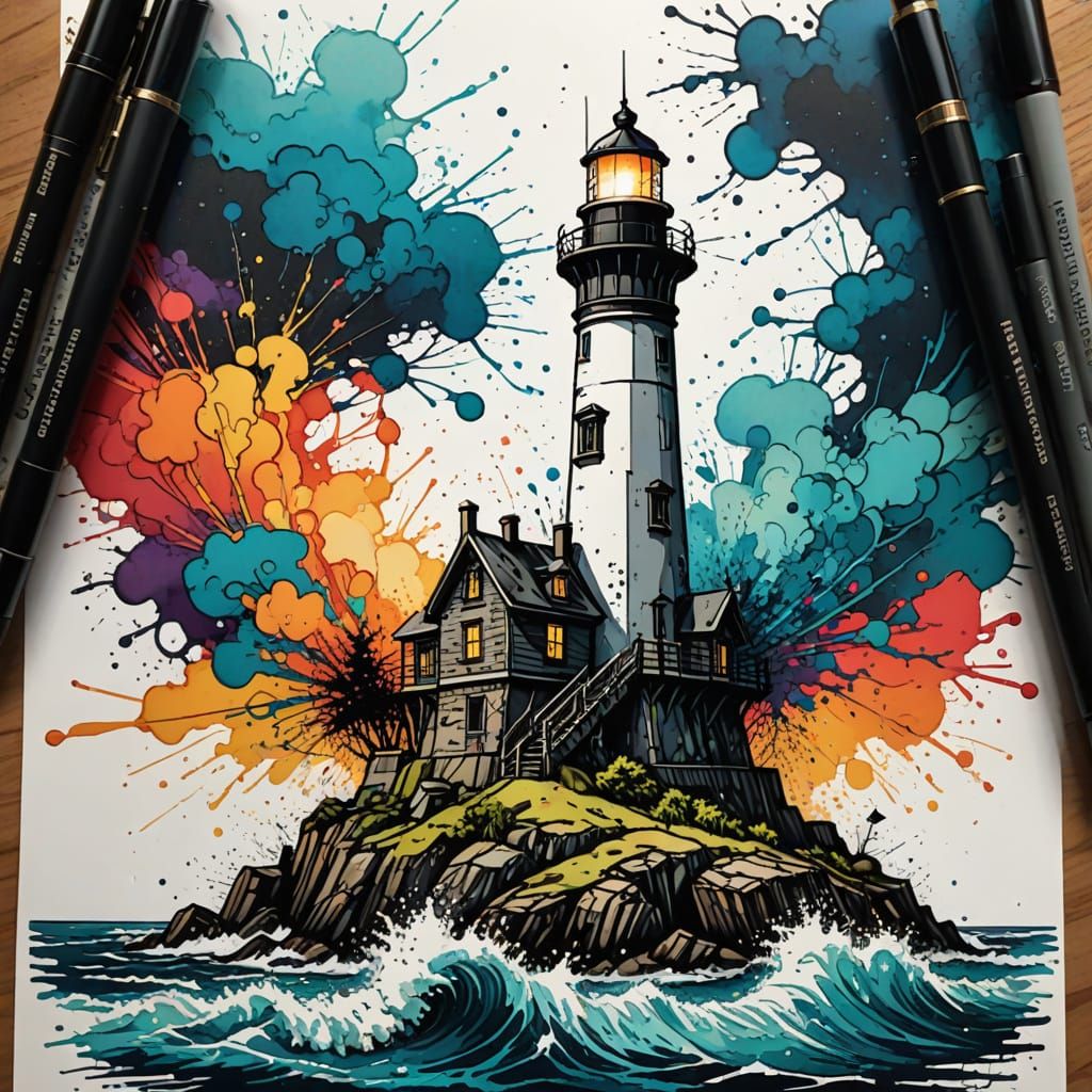 Hyperdetailed Lighthouse Illustration in Inkpunk Style