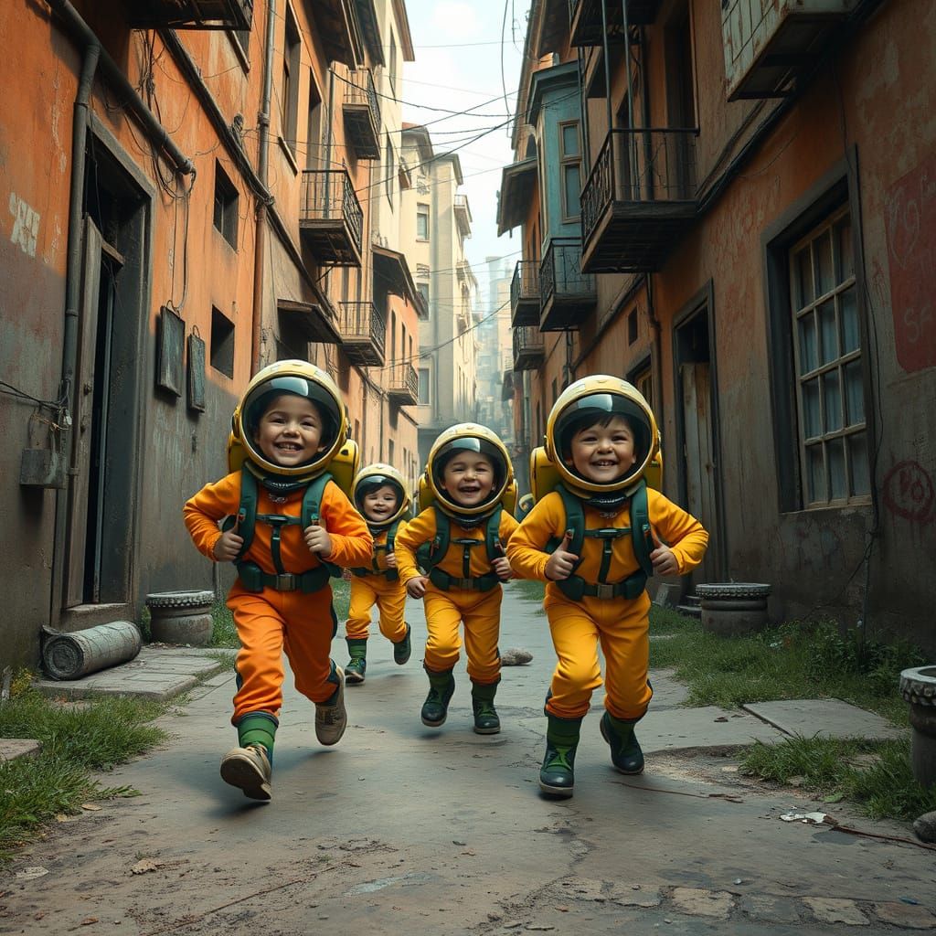 Kids in Spacesuits Playing in Old City