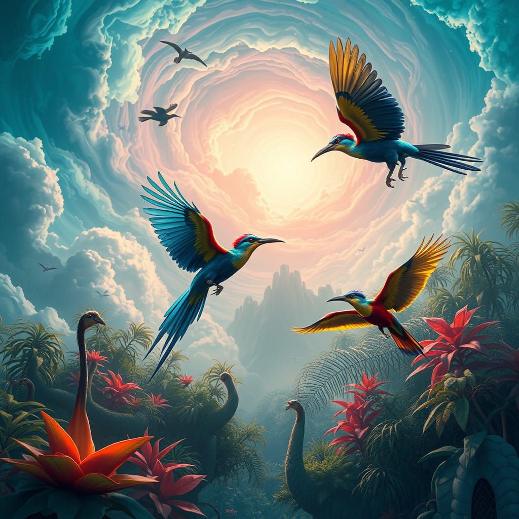 Birds in Lush, Mystical Paradise with Swirling Iridescent Sk...