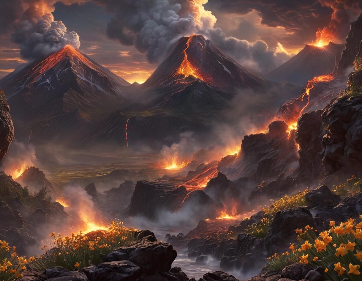 Volcanic Sunset Landscape with Lava Flow