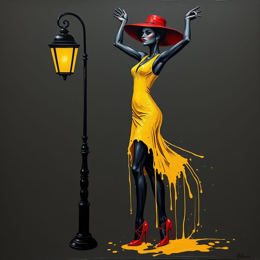 Abstract Impasto Woman in Red Hat and Yellow Dress