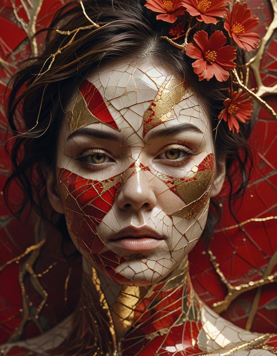 Kintsugi Woman: Surreal Portrait with Gold Repair