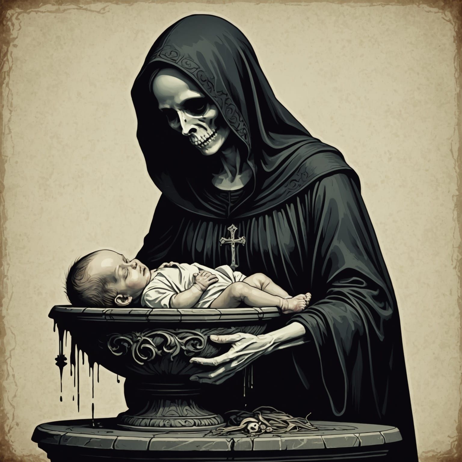 Death herself offered to hold the infant at the font