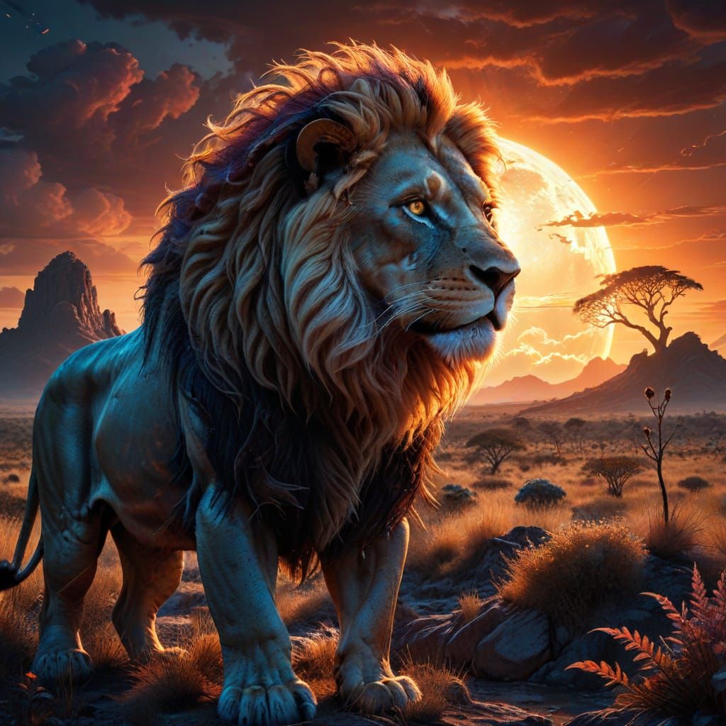 Majestic Lion on Alien Savanna Under Binary Sunset
