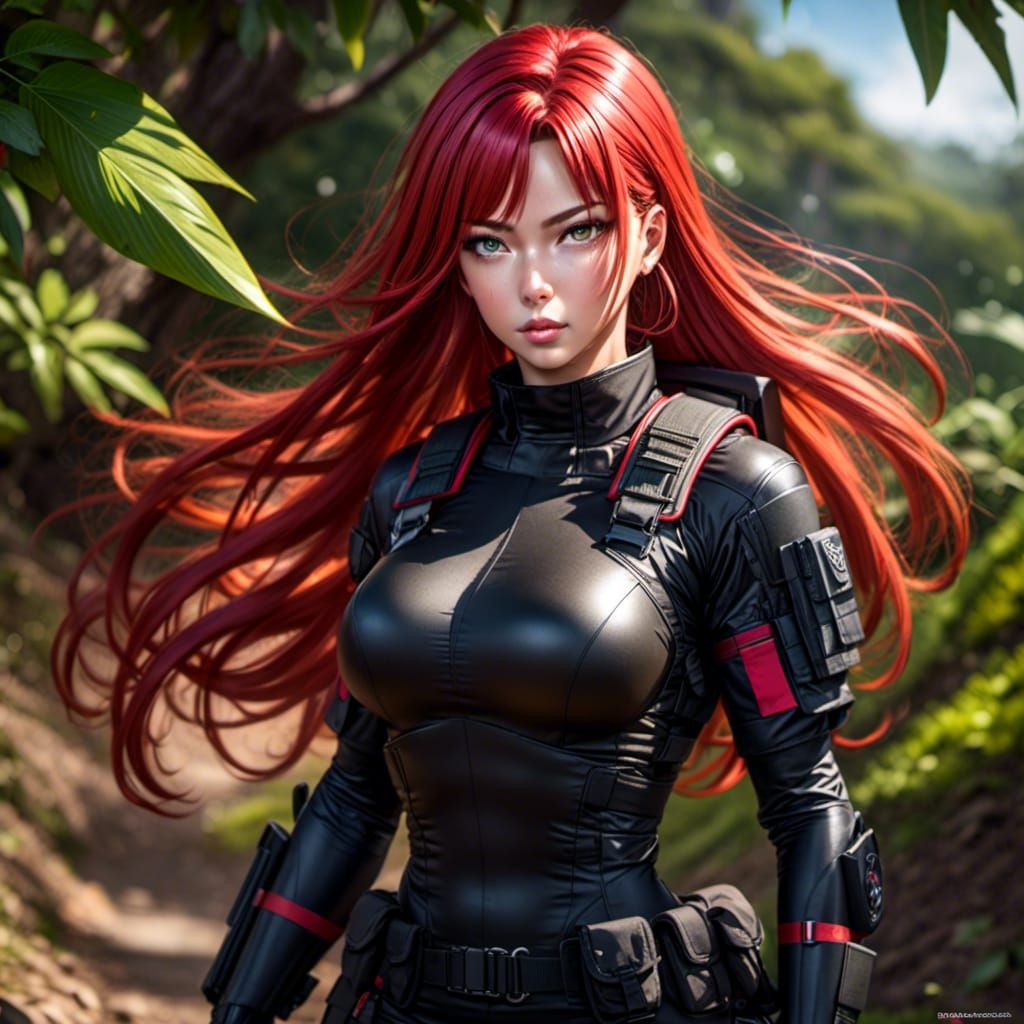 Female Soldier with Red Hair in Combat Gear