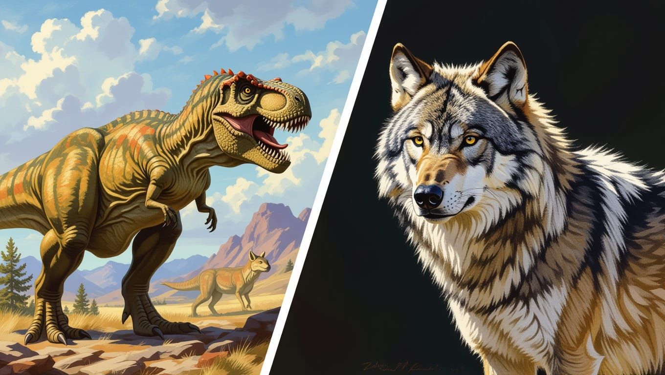 Dire Wolf and T-Rex in Intense Confrontation: A Futuristic D...