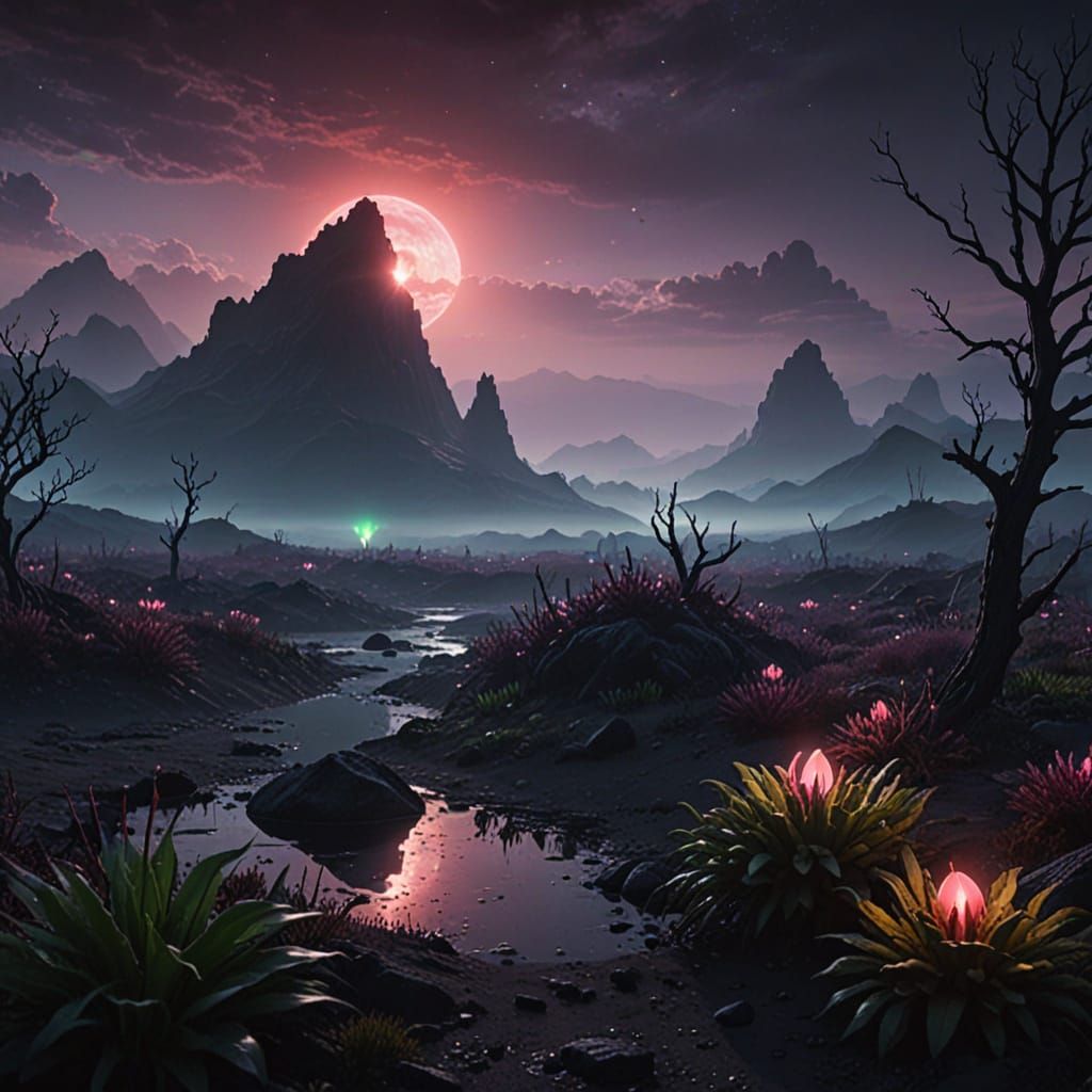 Surreal Alien Landscape with Bioluminescent Plants and Myste...