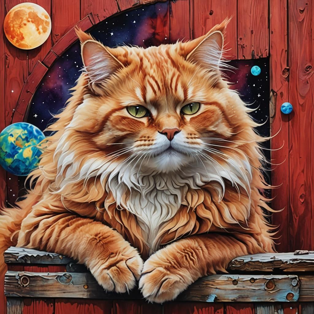 Ethereal Moonscape with Sleeping Cat in Alcohol Ink Style