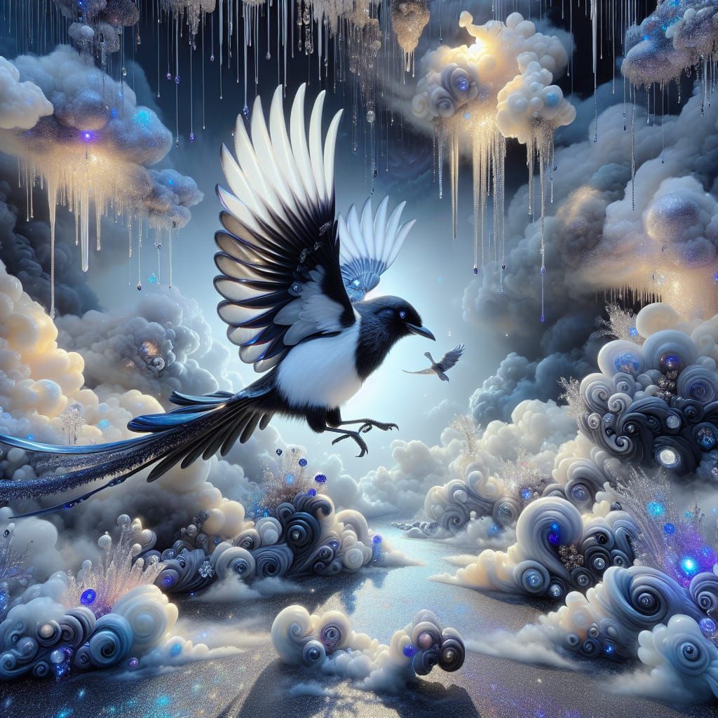 Magpie in Magical Raincloud Fantasy with Crystal Rain