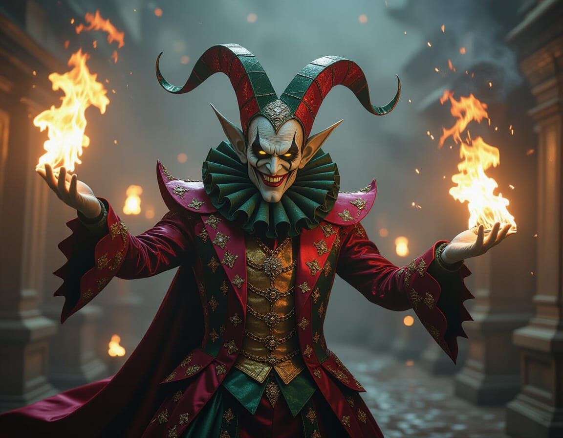 Cthulhu as Harlequin Magician Casting Fireballs