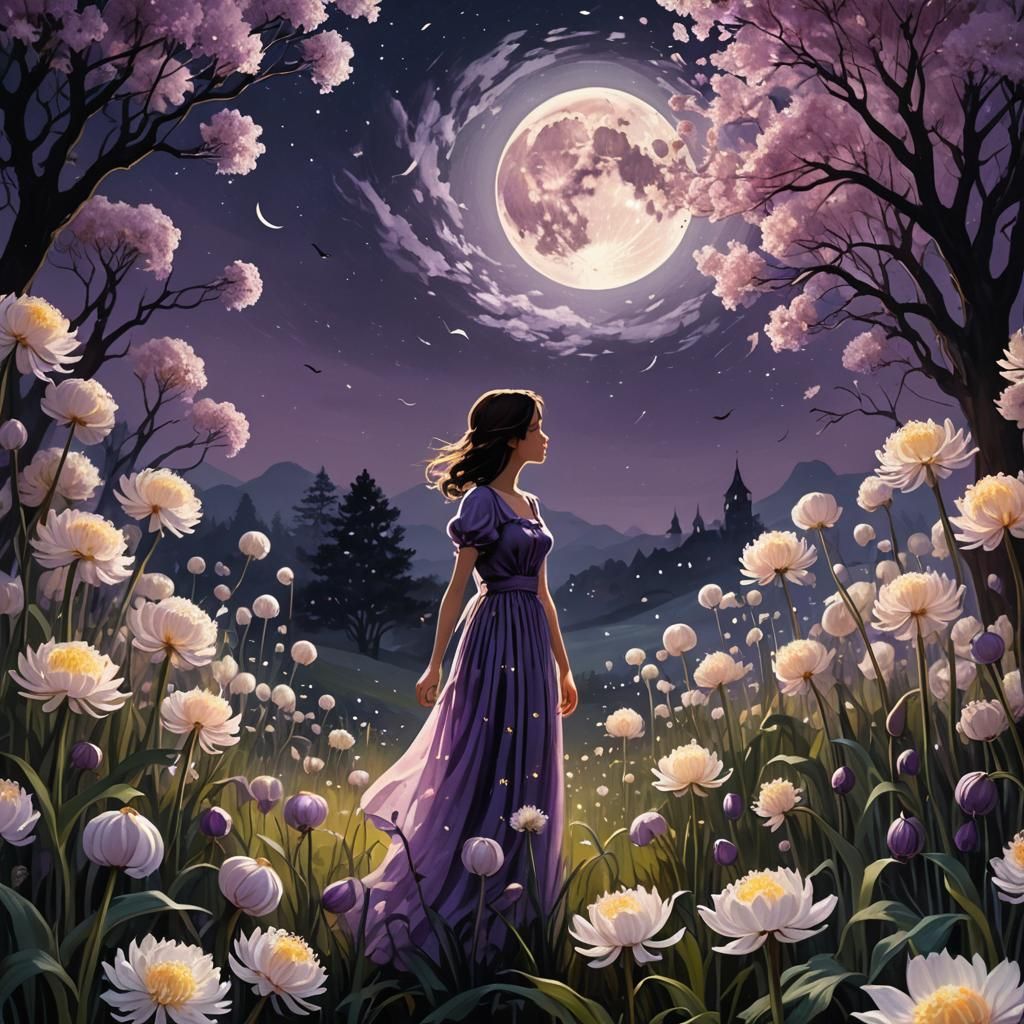 Fantasy Landscape with Woman, Moon, and Flowers