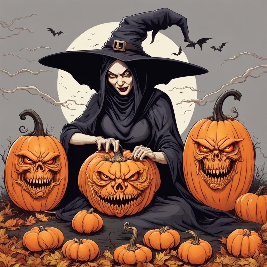 Evil Witch Carving a Sinister Pumpkin
