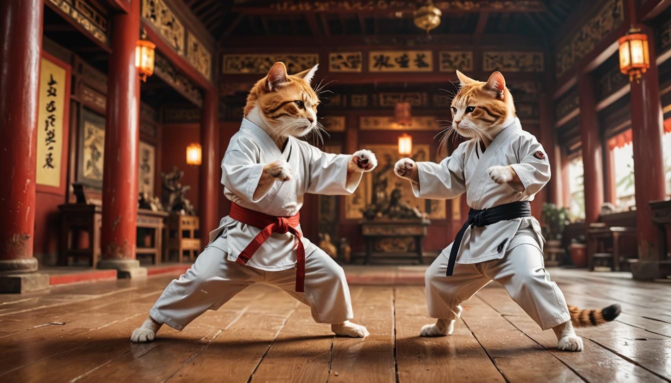 Hyperrealistic Karate Cat Fight in Marvel Style