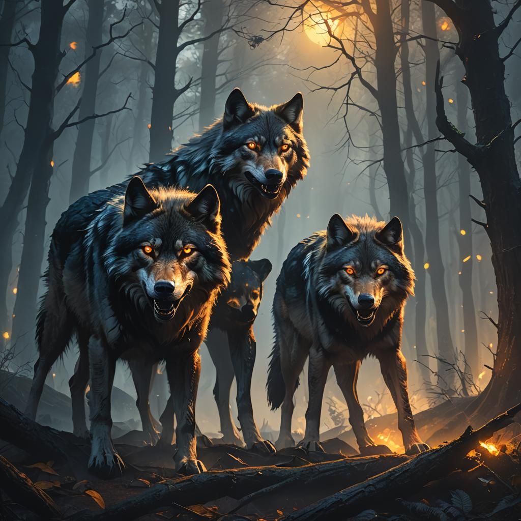 Wolves with Glowing Eyes in Misty Forest