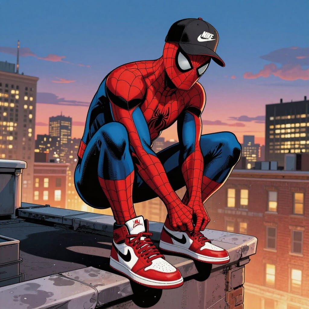 Spider-Man in Jordans on NYC Rooftop at Dusk
