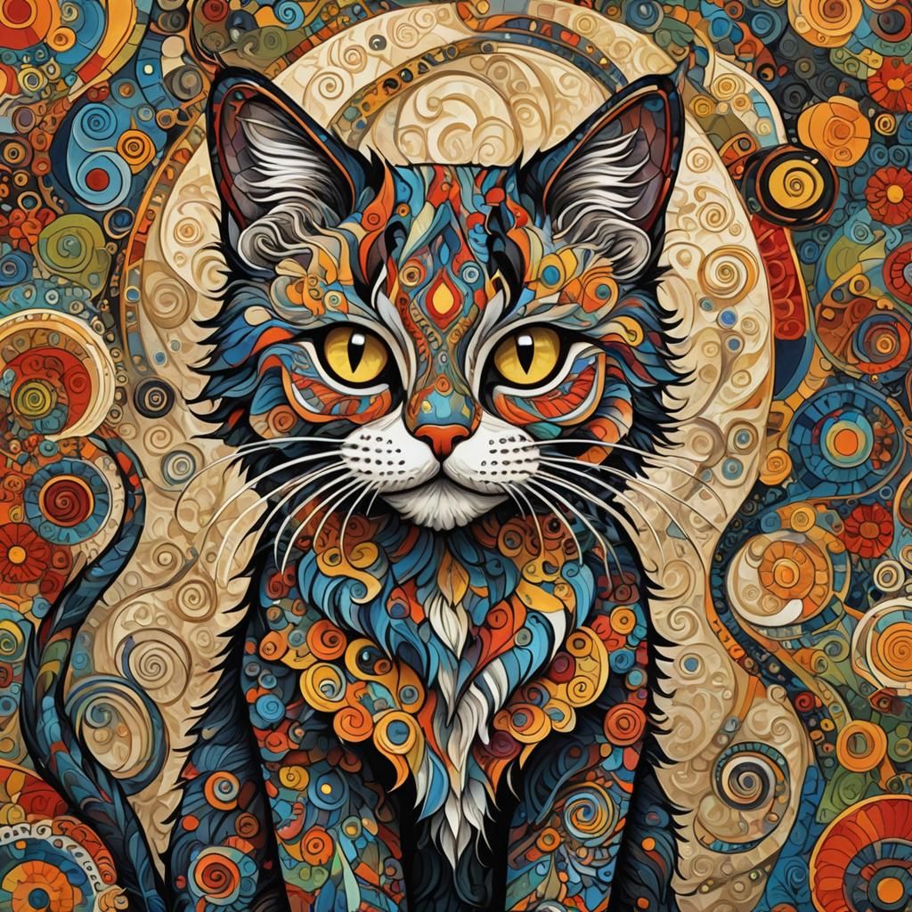 Fierce Day-of-the-Dead Cat in Cubist Style