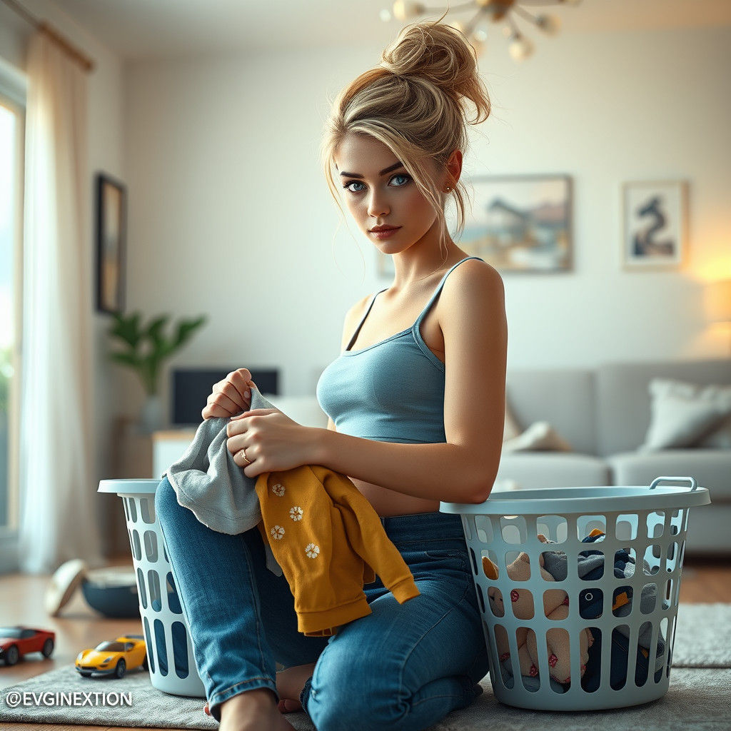 Woman Folding Laundry in Bright Living Room