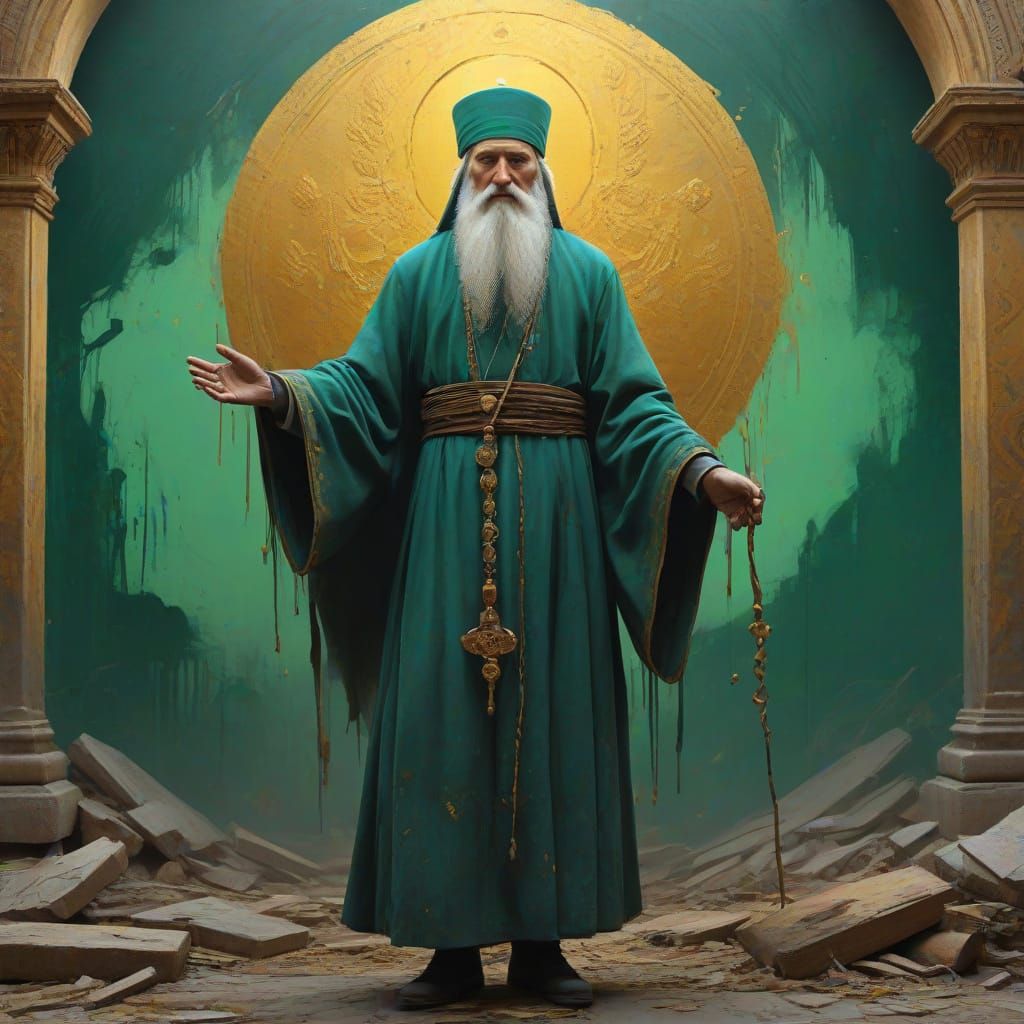 Surreal Orthodox Summoner Amidst Wind-Swept Steppes in Vibra...