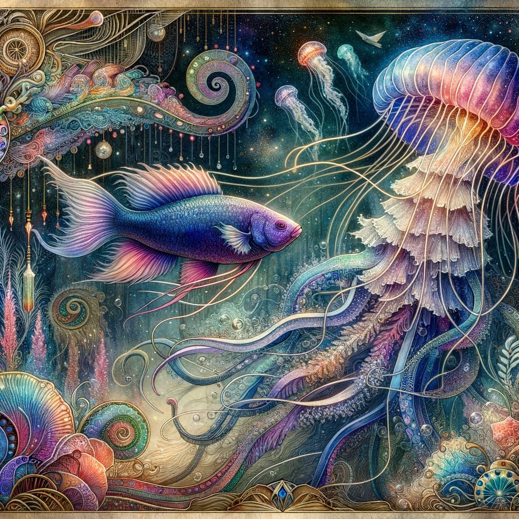Ethereal Jellyfish and Purple Fish in Art Deco Style