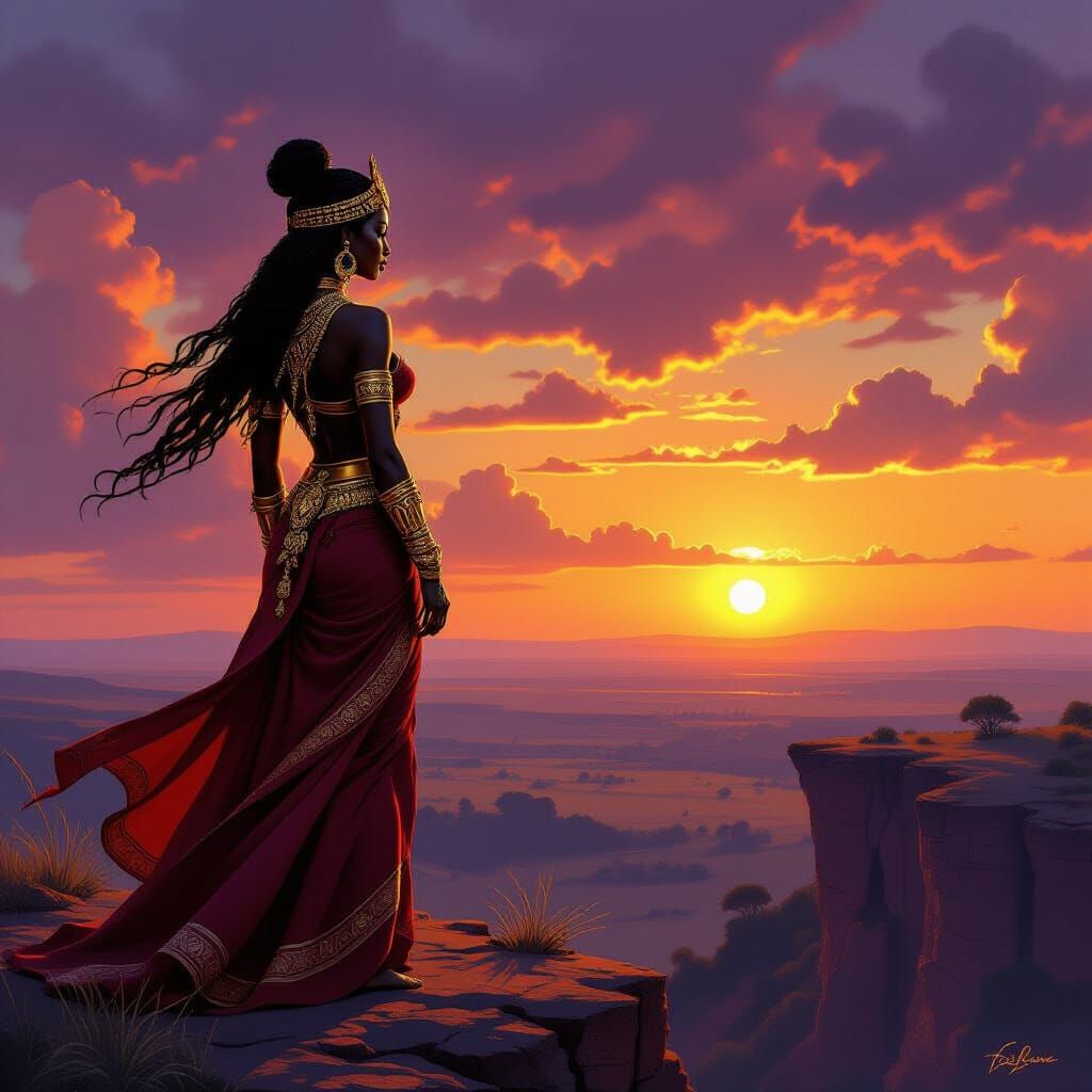 Majestic African Princess on Savannah Cliff at Sunset