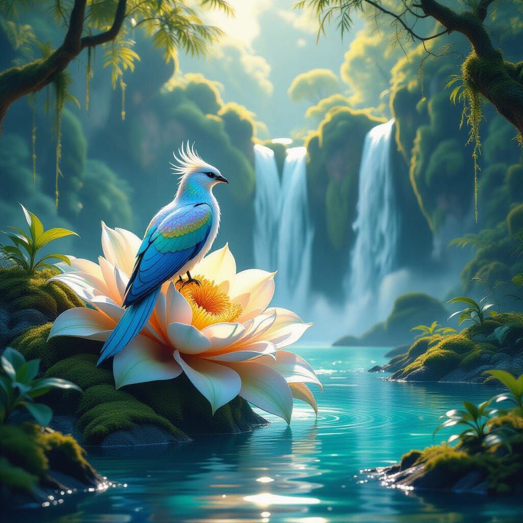 Golden Bird on Orchid Overlooking Waterfall