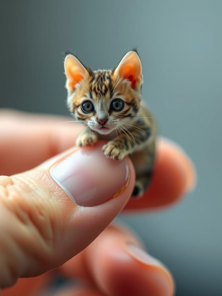 Adorable Miniature Cat Clings to Human Finger in Sharp Focus