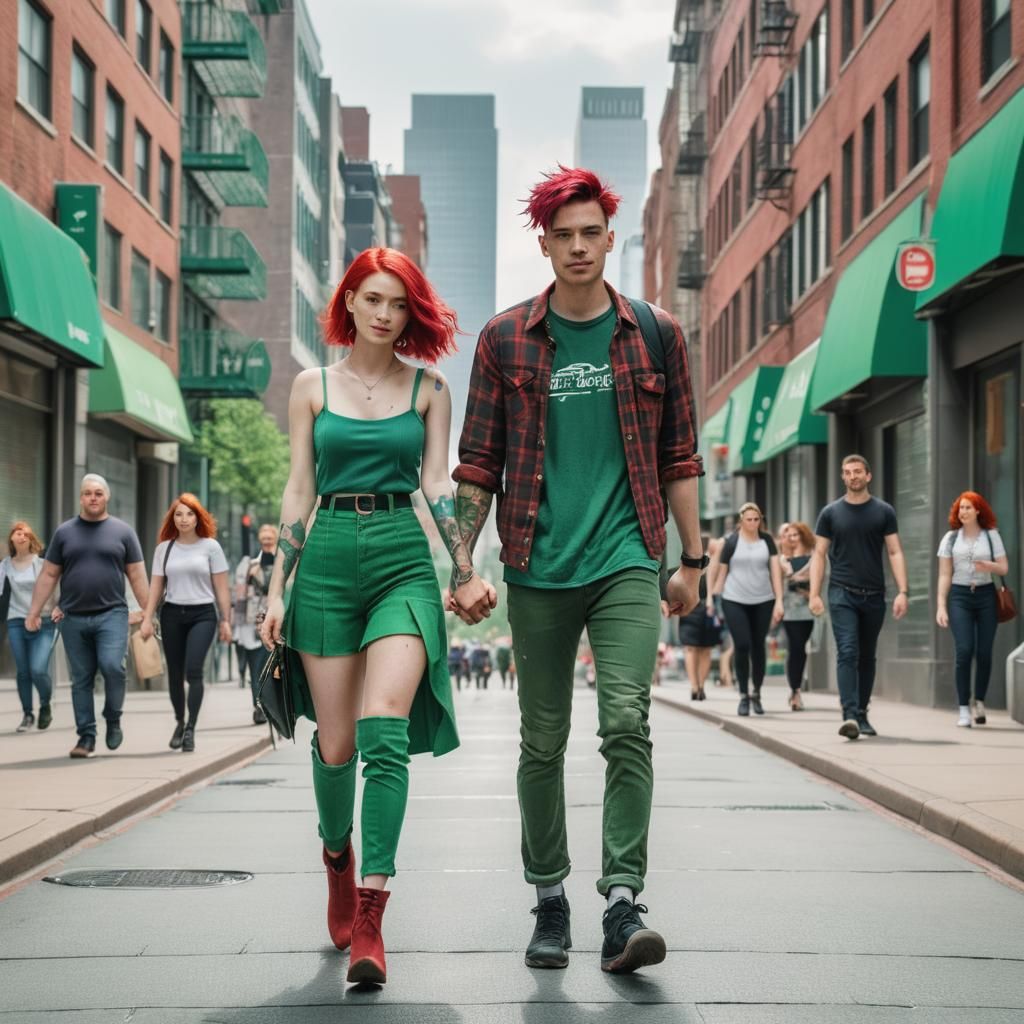 Couple with Green and Red Hair in City