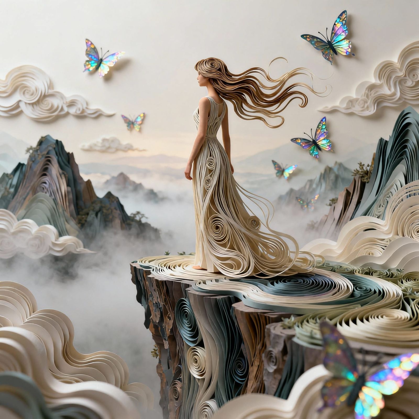 Paper Quilling Masterpiece: Woman on Cliff Overlooking Misty...